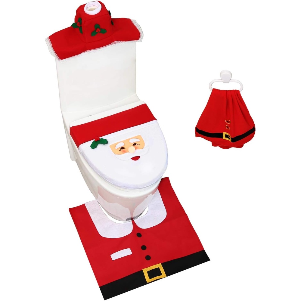 image:imageOhuhu Christmas Santa Toilet Seat Cover Upgrade 5 PCS Toilet Seat Cover and Rug Set with Towel and Hanging Hook Santa Claus Toilet Seat for Christmas Decorations Bathroom Decor Red