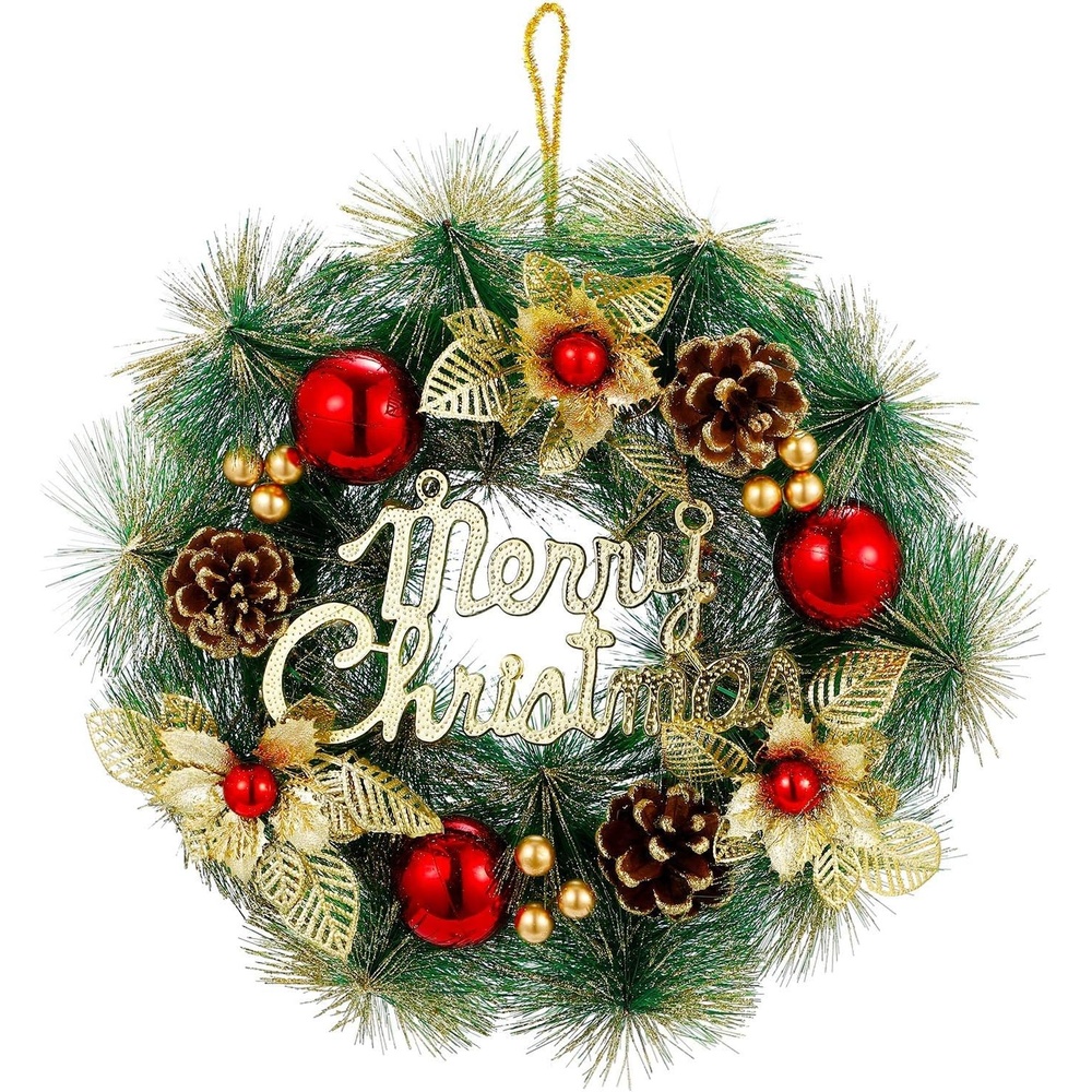 image:imageOhuhu Christmas Wreath Artificial Christmas Wreaths Xmas Pine Wreath Garland Wall Hanging with Gold Leaves Red Balls Pine Cones for Front Door Christmas Decorations