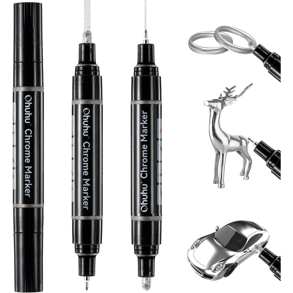 image:imageOhuhu Chrome Paint Pen 3 PCS Silver Chrome Markers with Gloss Mirror WaterProof Lightfast Permanent Paint Markers for Repairing Metal Glass Plastic Car Tire DIY Crafts3