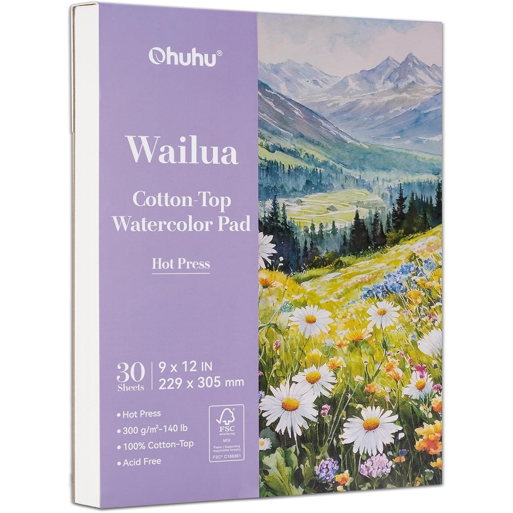 image:imageOhuhu CottonTop Watercolor Paper Pad 9x12 Cold Press Paper 140 LB300 GSM Heavyweight White Paper 20 Sheets40 Pages Water Color Paper for Watercolor Gouache Ink Acrylic Professional ArtistHot Press 30 Sheets