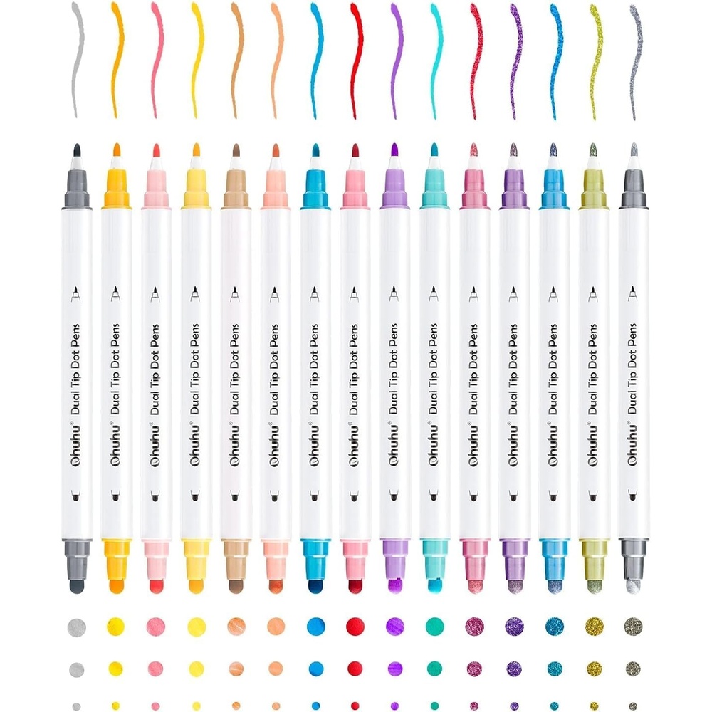image:imageOhuhu Dot Markers Dual Tip 15 Colors Dot Marker Pens Fine amp Dot WaterBased Ink Metallic amp Regular Colors Dot Pens for Journaling Scrapbooking DIY Highlighting Drawing Markers