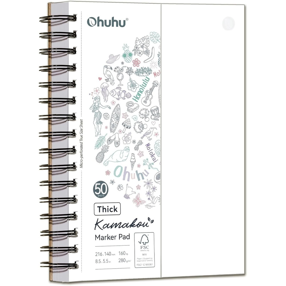 image:imageOhuhu DoubleSided Bleedproof Marker Pad 83x83 Square Paper Size 160 LB280 GSM Heavyweight Smooth Drawing Paper 50 Sheets100 Pages SpiralBound Sketchbook for Alcohol Markers55 x 85