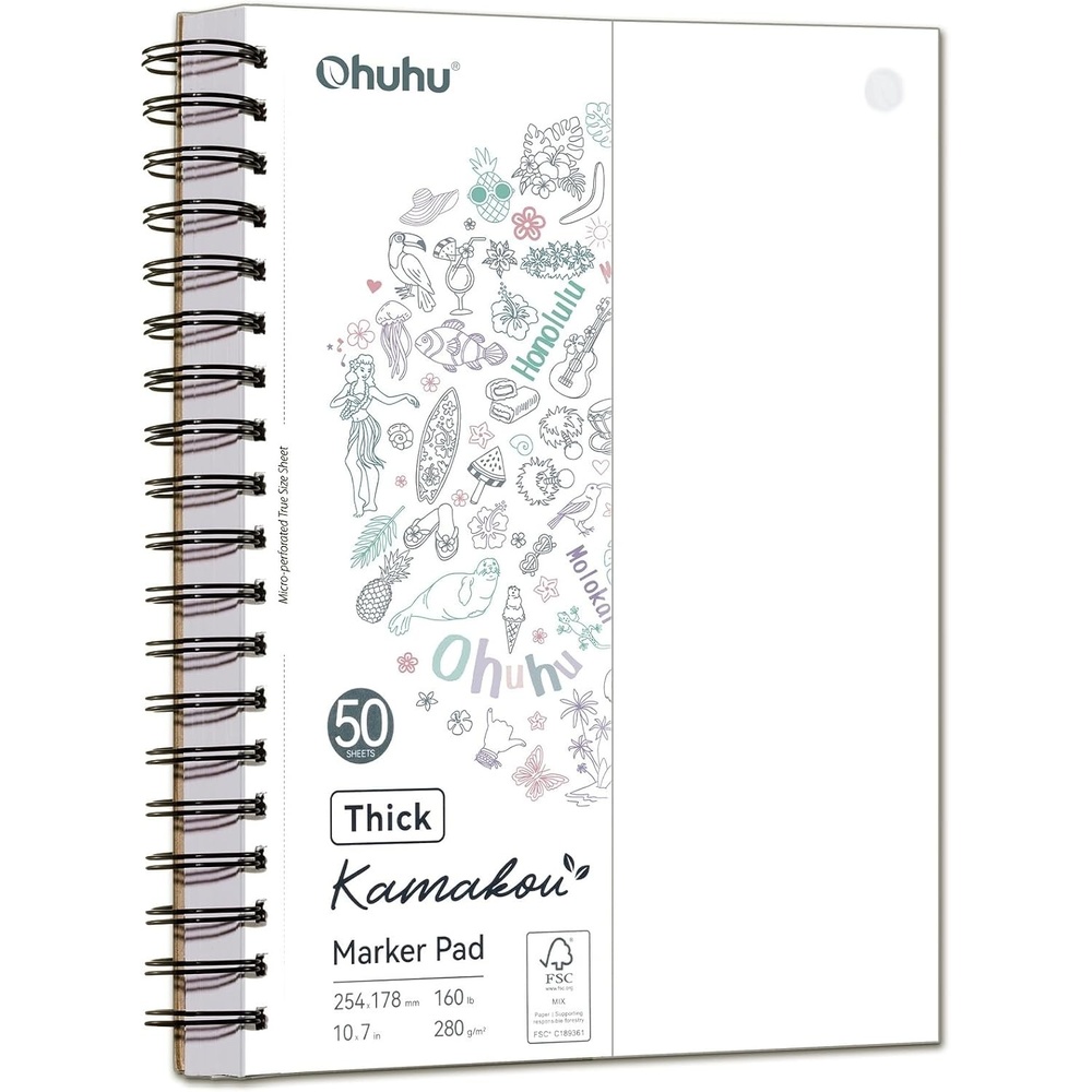 image:imageOhuhu DoubleSided Bleedproof Marker Pad 83x83 Square Paper Size 160 LB280 GSM Heavyweight Smooth Drawing Paper 50 Sheets100 Pages SpiralBound Sketchbook for Alcohol Markers7 x 10
