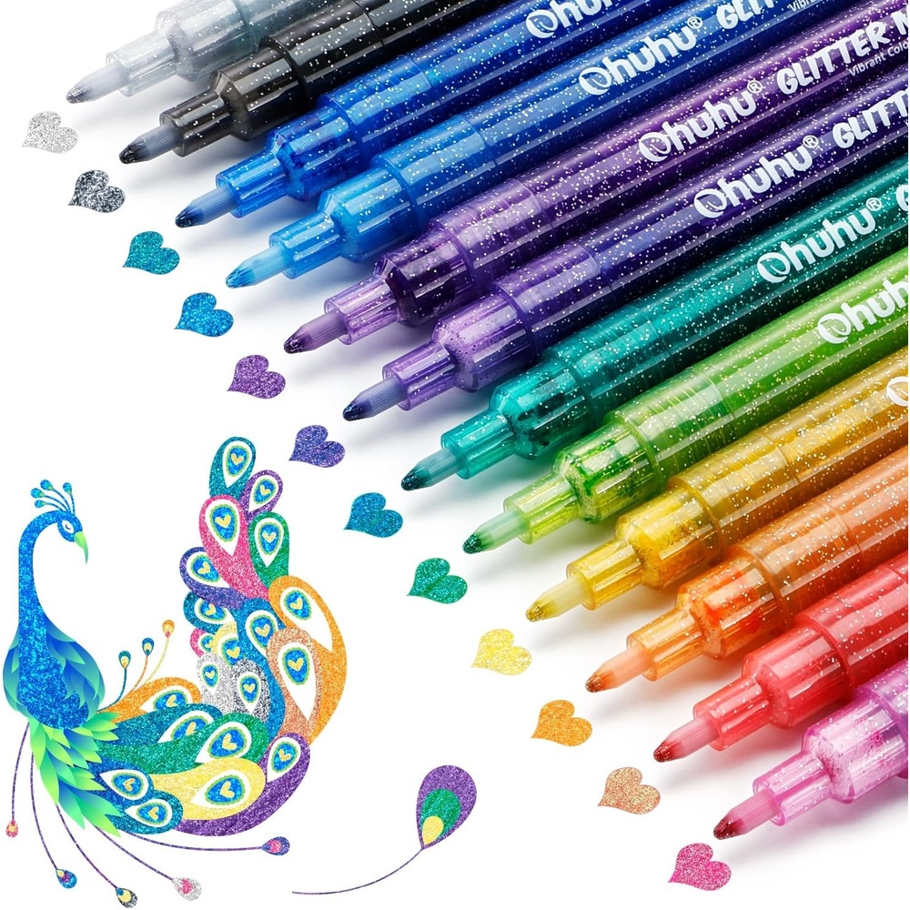 image:imageOhuhu Glitter Markers Pen 12 Glitter Colors Metallic Shimmer Marker Round Tip Waterbased Ink for Kids Adults DIY Crafts Greeting Birthday Cards Making Mugs Wood Medium Tip 30mm12 Colors