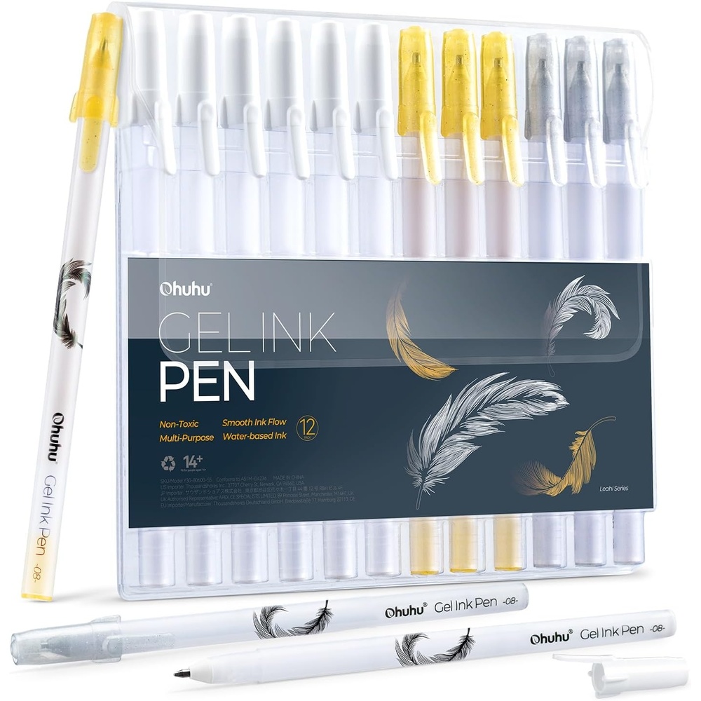 image:imageOhuhu Gold Silver White Gel Pens 12 Pack Extra Fine Point Pens Opaque Gel Ink Pens Smooth White Ink Pens for Highlight Black Paper Art Drawing Sketching Scrapbook Illustration Bullet Journal Leahi