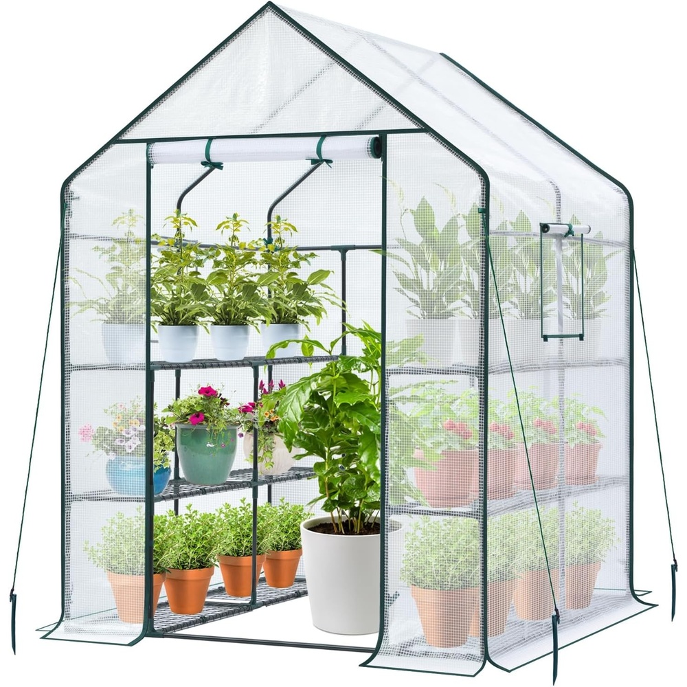 image:imageOhuhu Greenhouse for Outdoors with Mesh Side Windows 3 Tiers 4 Shelves Small WalkIn Green House Plant Stands Plastic PE Cover Outside Portable Warm House for Seedling Flowers Growing 48x25x64 FTWhite