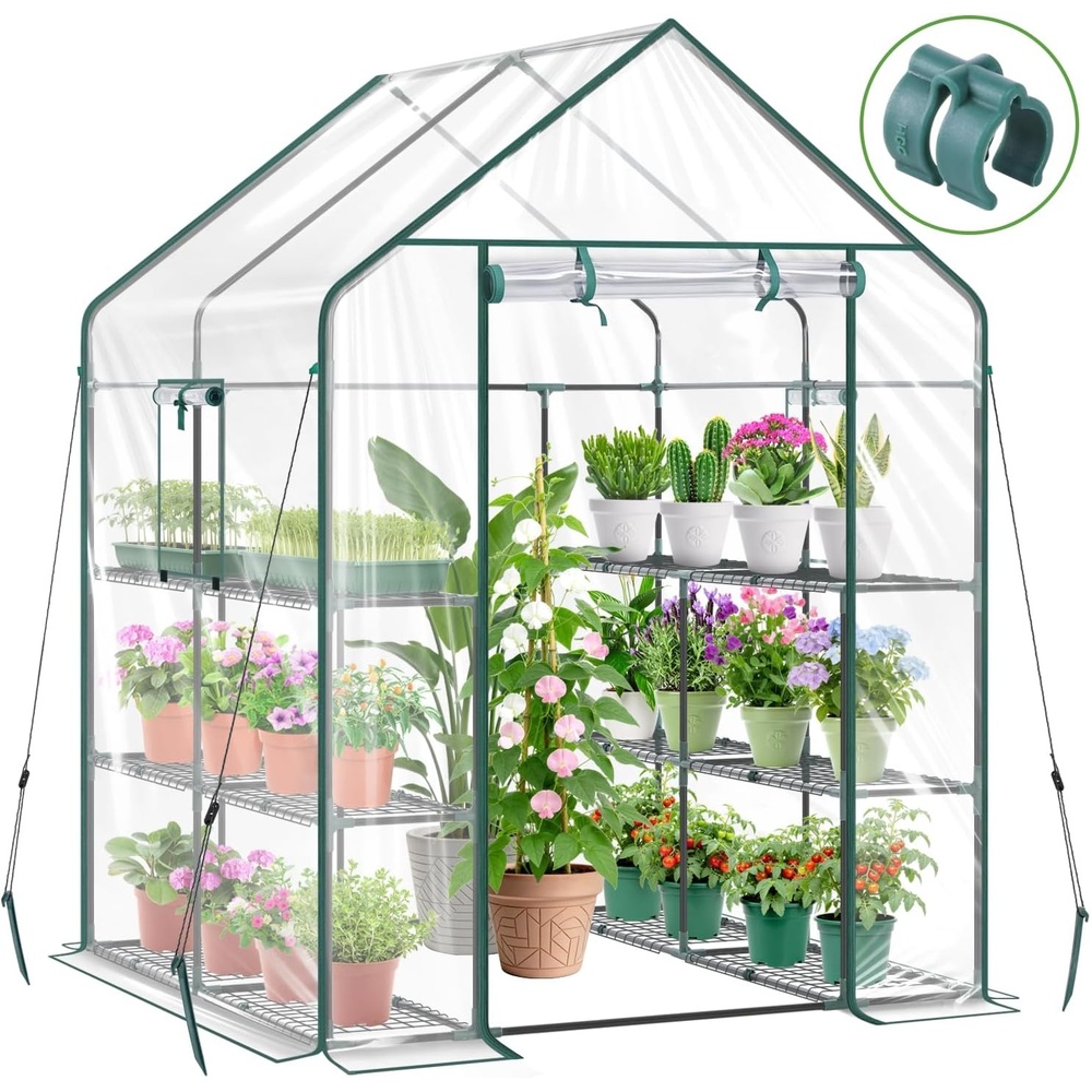 image:imageOhuhu Greenhouse for Outdoors with Mesh Side Windows 3 Tiers 4 Shelves Small WalkIn Green House Plant Stands Plastic PE Cover Outside Portable Warm House for Seedling Flowers Growing 48x25x64 FTClear