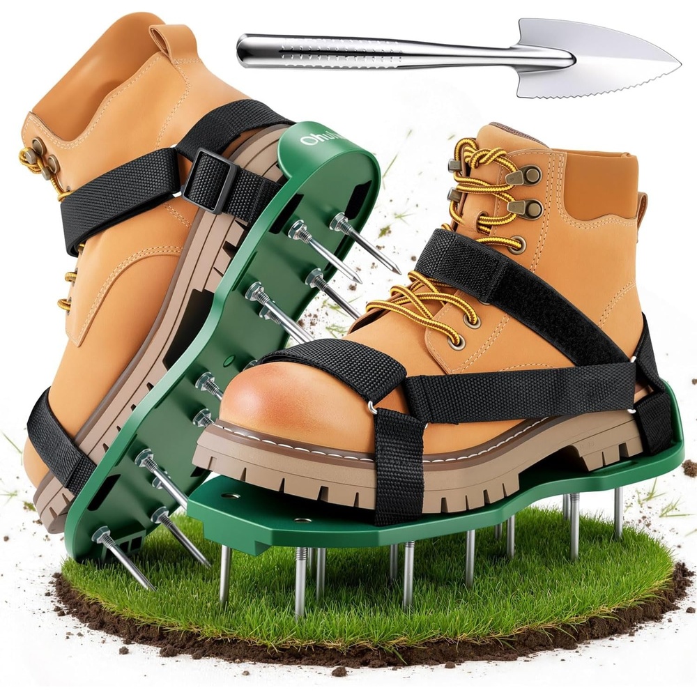 image:imageOhuhu Lawn Aerator Shoes with Stainless Steel Shovel FreeInstallation Aerating Shoe with HookampLoop Straps Heavy Duty OneSizeFitsAll Spiked Aerating Sandals for Garden Grassgreenblack
