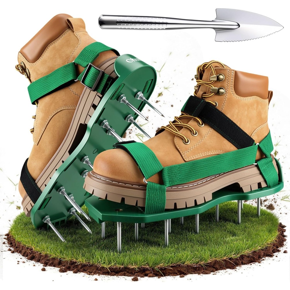 image:imageOhuhu Lawn Aerator Shoes with Stainless Steel Shovel FreeInstallation Aerating Shoe with HookampLoop Straps Heavy Duty OneSizeFitsAll Spiked Aerating Sandals for Garden Grassgreen