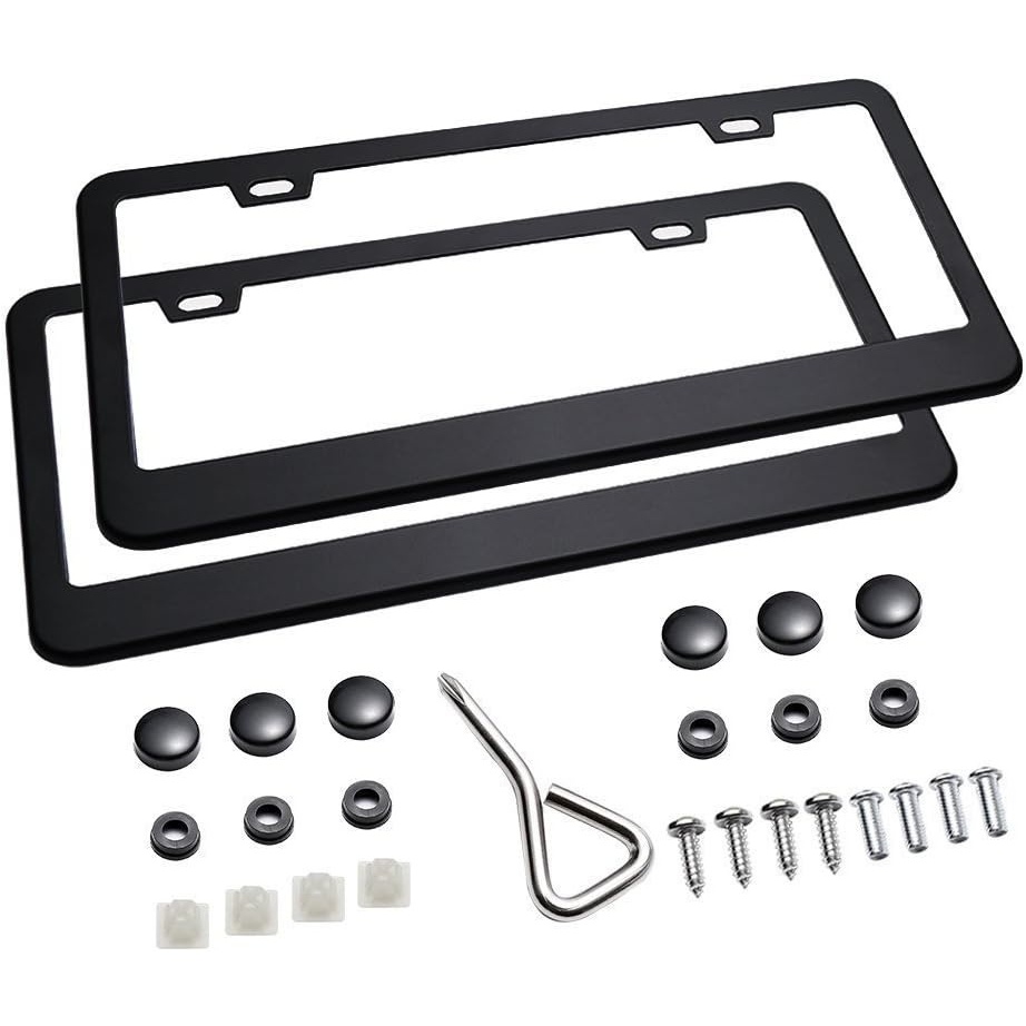 image:imageOhuhu License Plate Frames 2 Pcs 4 Holes Slim Stainless Steel Polish Mirror License Plate Frame Chrome Screw Caps SilverBlack 2 Holes