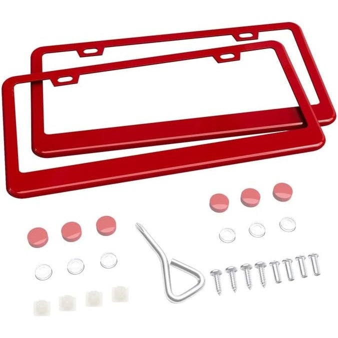image:imageOhuhu License Plate Frames 2 Pcs 4 Holes Slim Stainless Steel Polish Mirror License Plate Frame Chrome Screw Caps SilverRed 2 Holes