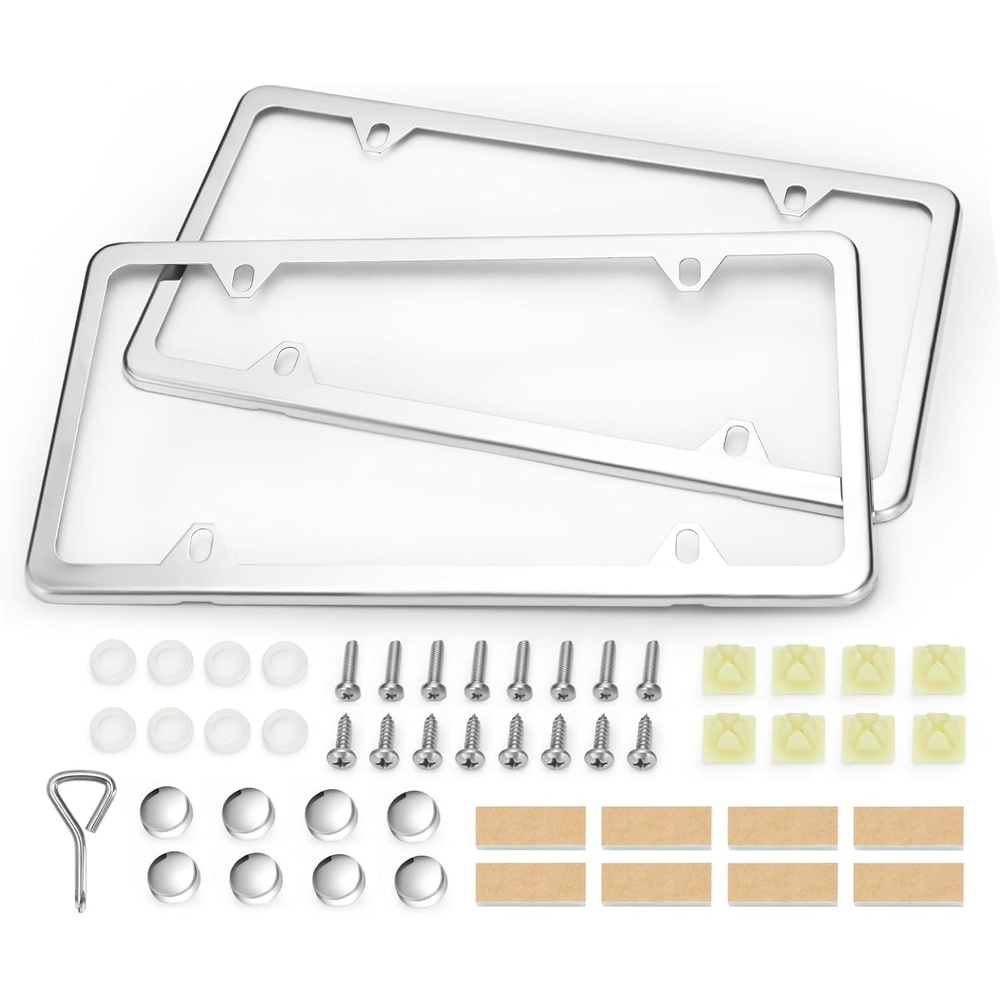 image:imageOhuhu License Plate Frames 2 Pcs 4 Holes Slim Stainless Steel Polish Mirror License Plate Frame Chrome Screw Caps SilverSilver 4 Holes