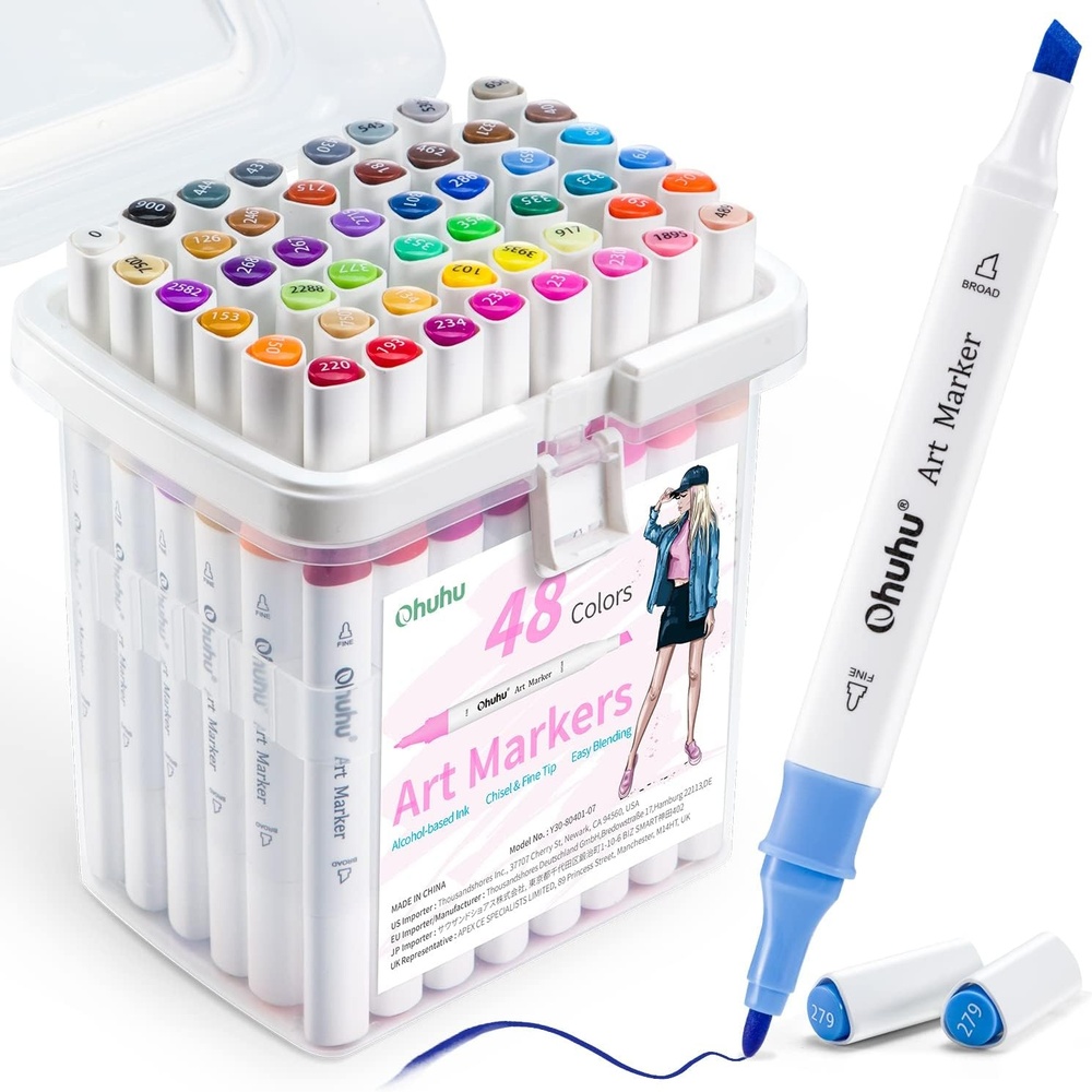 image:imageOhuhu Markers 48color Art Marker Set for Architectural Design Landscape Double Tipped Alcohol Markers Chisel amp Fine Alcoholbased Drawing Marker for Artists Students Art Class Adults ColoringIllustration Tones