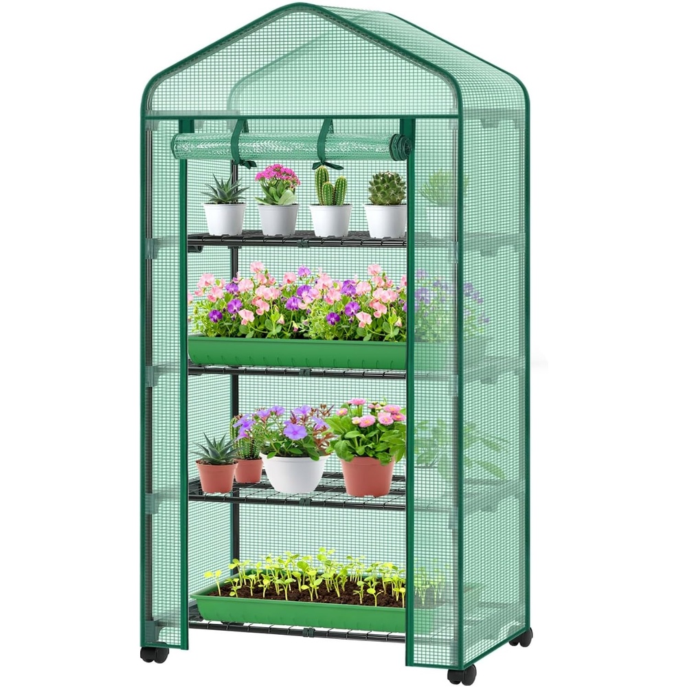 image:imageOhuhu Mini Greenhouse for Indoor Outdoor Small Plastic Plant Green House with Locking Wheels Portable Greenhouses with Durable Cover for Seedling Ideal Gardening Gifts for Women Men TransparentGreen