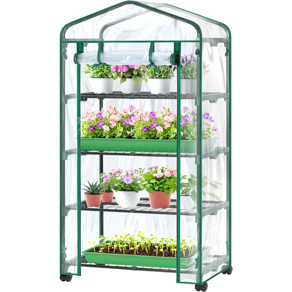 image:imageOhuhu Mini Greenhouse for Indoor Outdoor Small Plastic Plant Green House with Locking Wheels Portable Greenhouses with Durable Cover for Seedling Ideal Gardening Gifts for Women Men TransparentClear