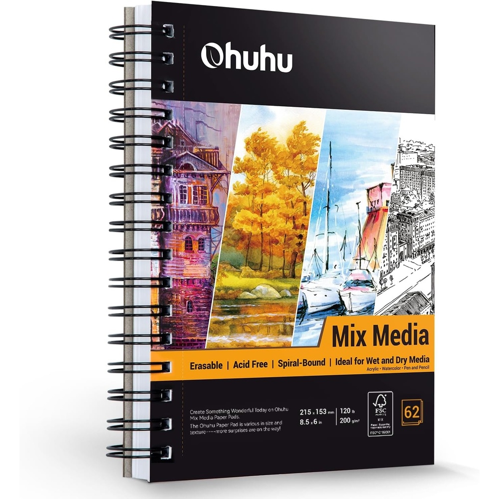 image:imageOhuhu Mix Media Pad 7 x 10 Mixed Media Art Sketchbook 120 LB200 GSM Heavyweight Papers 62 Sheets124 Pages Spiral Bound Mixed Media Paper Pad for Acrylic Painting Christmas Gift55 x 85
