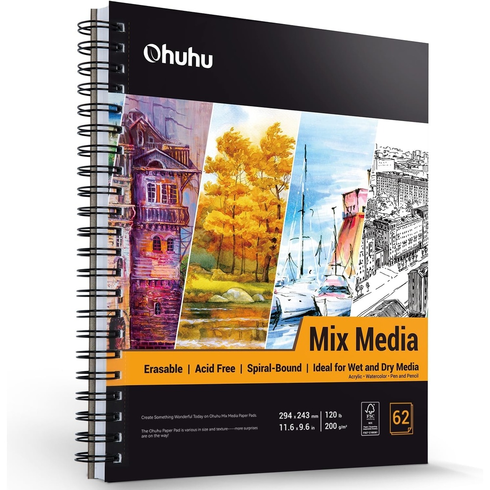 image:imageOhuhu Mix Media Pad 7 x 10 Mixed Media Art Sketchbook 120 LB200 GSM Heavyweight Papers 62 Sheets124 Pages Spiral Bound Mixed Media Paper Pad for Acrylic Painting Christmas Gift88 x 116