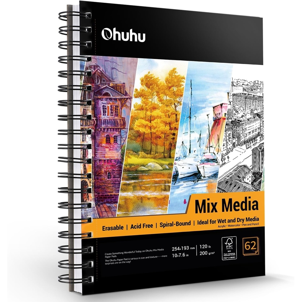 image:imageOhuhu Mix Media Pad 7 x 10 Mixed Media Art Sketchbook 120 LB200 GSM Heavyweight Papers 62 Sheets124 Pages Spiral Bound Mixed Media Paper Pad for Acrylic Painting Christmas Gift7 x 10
