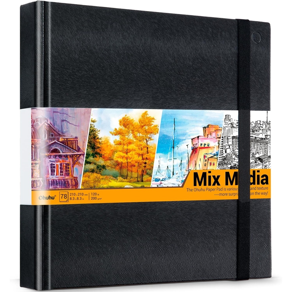 image:imageOhuhu Mixed Media Pad 83 x 83 Square Mix Media Sketchbook 120 LB200 GSM Heavyweight Papers 78 Sheets156 Pages PU Hardcover MultiMedia Paper Pad for Acrylic Painting Christmas Gift83 x 83