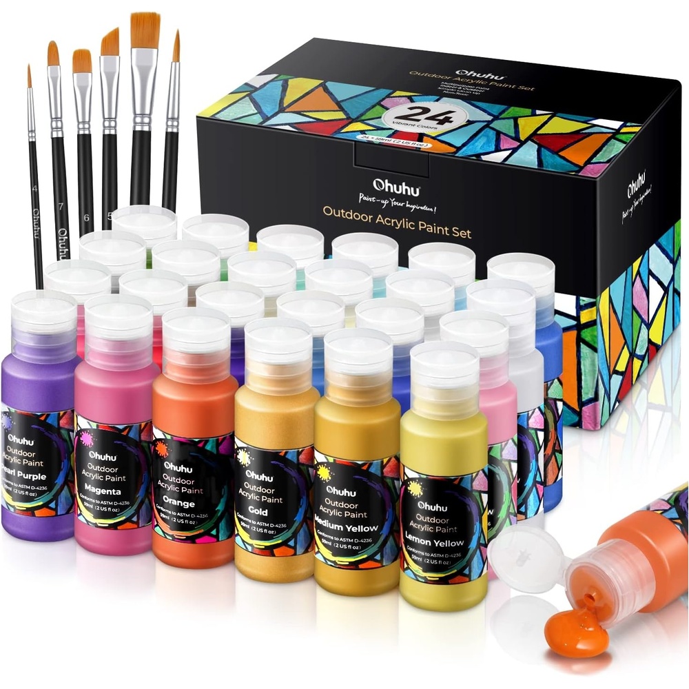 image:imageOhuhu Outdoor Acrylic Paint for Metal 24 Colors Paint Set 2 oz60ml Bottles for Artist Beginners 18 Basicamp 6 Metallic Acrylic Paints with 6 Brushes for Drawing Waterproof Rich Pigments on Garden Statues Woods Rocks Canvas Glass Fabrics Last 34 Years