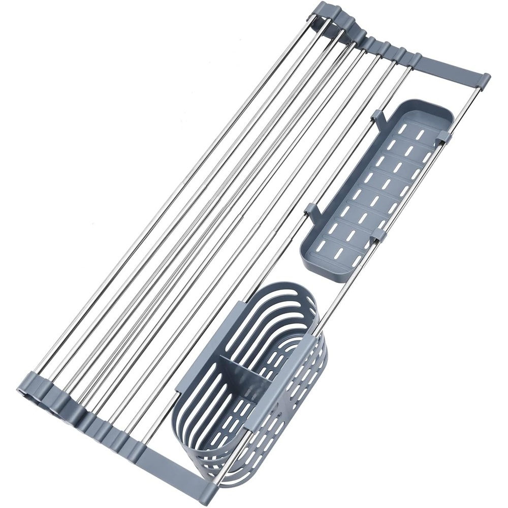 image:imageOhuhu Over Sink Dish Drying Rack Expandable Multipurpose Roll Up Dish Racks Up to 23 with 2 Utensil Holders Dish Drainer for Kitchen Counter Sink Organizer HeatResistant Mat