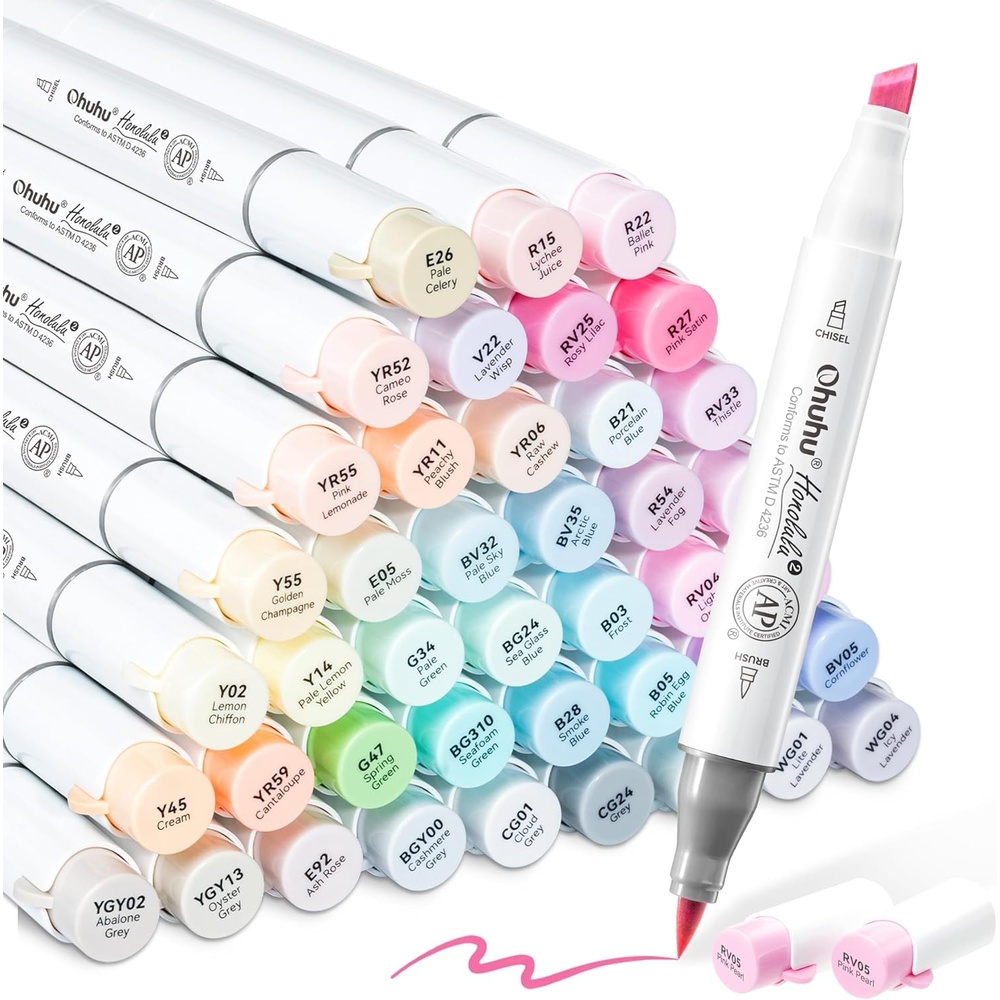 image:imageOhuhu Pastel Alcohol Brush Markers 48 Colors of Honolulu 2 Sweetness  AP Certificated Alcohol Based Double Tipped Art Marker Set for Artist Adults Coloring Illustration Brush amp Chisel  RefillableBrush  Chisel