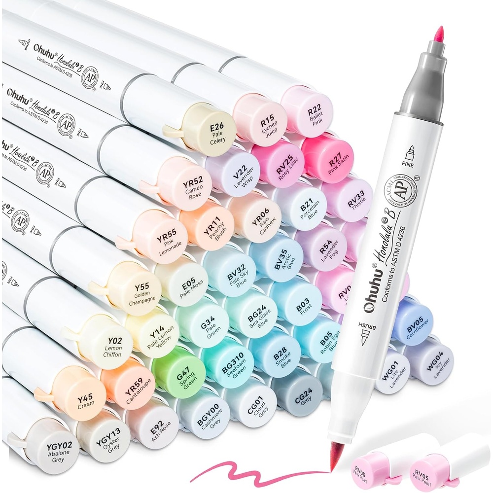 image:imageOhuhu Pastel Alcohol Brush Markers 48 Colors of Honolulu 2 Sweetness AP Certificated Alcohol Based Double Tipped Art Marker Set for Artist Adults Coloring Illustration Brush amp Chisel RefillableBrush Fine