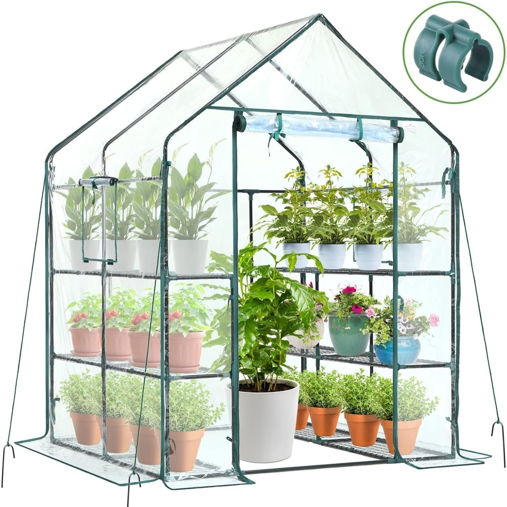 image:imageOhuhu Plastic Greenhouse for Outdoors Portable Walk in Plant Green House with Improved Transparent PVC Cover 3 Tiers 12 Shelves Stands Small Greenhouses Backyard Green Houses for Outside Heavy Duty