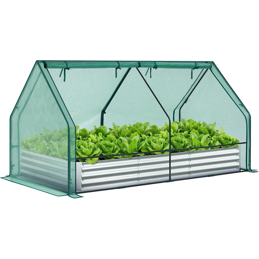 image:imageOhuhu Raised Garden Bed with Cover Outdoor 4x2x1 FT Galvanized Metal Planter Box with PVC Greenhouse Cover Protects Plants from Frost Birds Insects 3in1 Gardening Set for Vegetable Flower Herb8x4x1 ft
