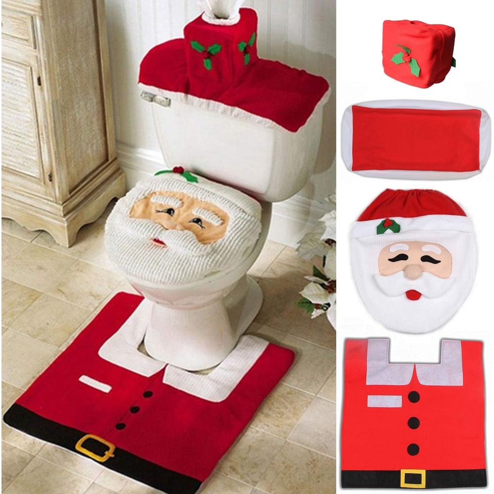 image:imageOhuhu Santa Toilet Seat Cover 4Piece Christmas Bathroom Sets Toilet Seat Cover and Rug Set Santa on The Toilet Ornament Santa Claus Toilet Seat for Happy Christmas Decorations Bathroom Decor