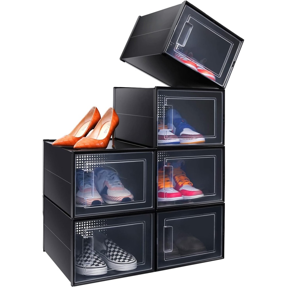 image:imageOhuhu Shoe Box Shoe Organizer High Quanlity Stackable Foldable Shoe Storage Clear Plastic Shoe Containers Drawer Type Front Opening for Underbed Closets and Entryway XL Black
