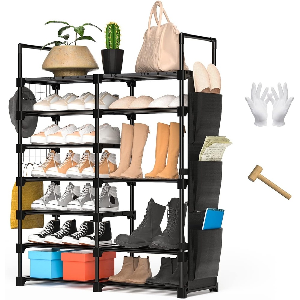 image:imageOhuhu Shoe Rack 7 Tiers 30 Pairs Metal Black Shoe Shelf Racks Boot Shoes Organizer Storage Free Standing Shoe Tower for Closet Entryway or Outdoor with 2 Side Hooks 3 Pockets Bag Room Organizer