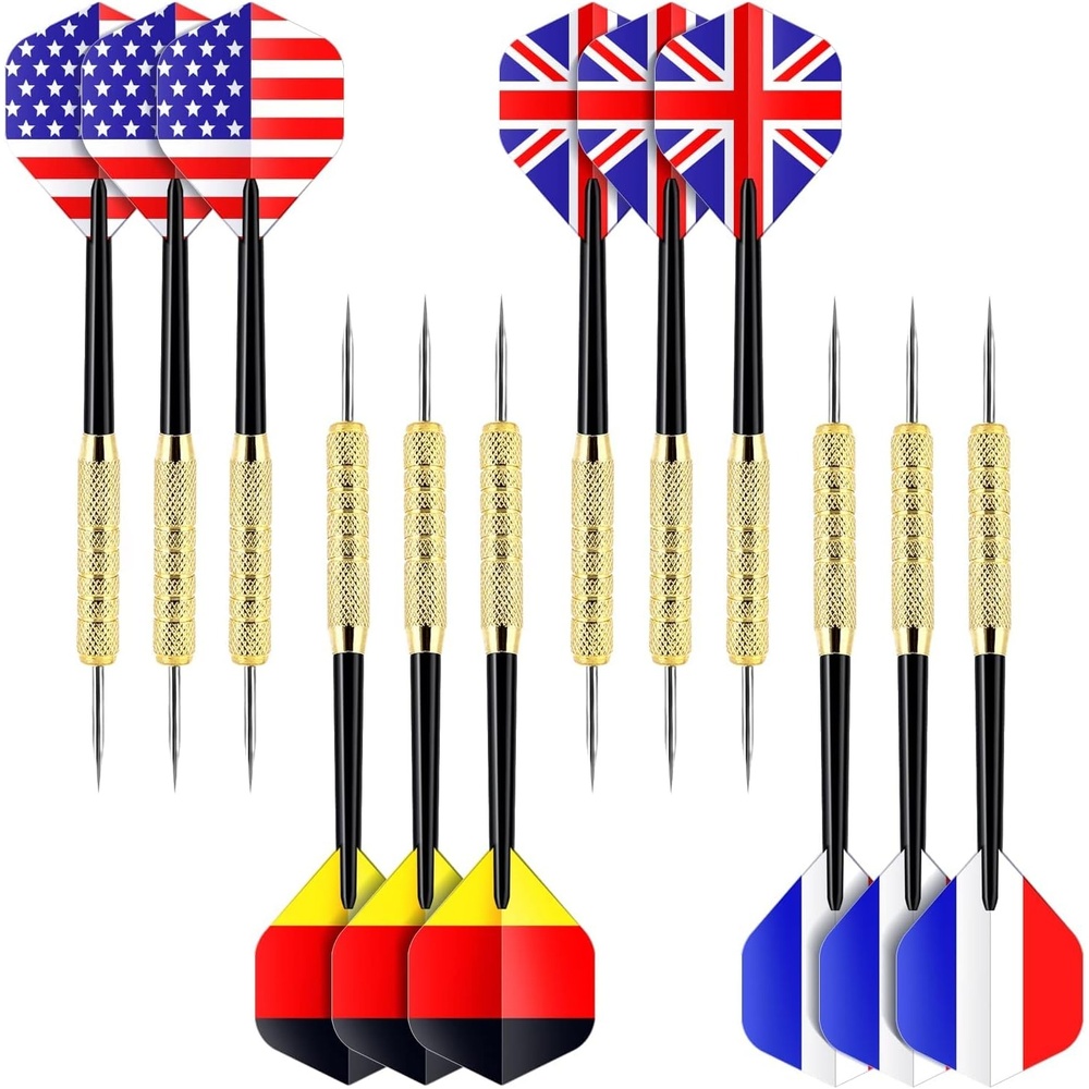 image:imageOhuhu Steel Tip Darts Professional Metal Darts with National Flag Flights 4 Styles Dart Metal Tip Set 12 Pcs Metal Dart Darts for Dartboard with 3 Free PVC Dart Rods