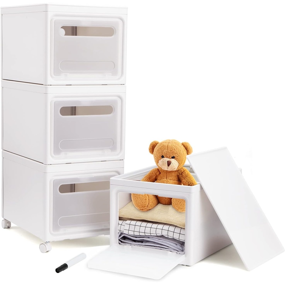 image:imageOhuhu Storage Bins with Lids Heavy Duty 3 Pack Plastic Storage Box Front Opening Storage Cart Compact Cube Organizer Bins with 4 wheels Stackable for Home Office Organization with Black Pen