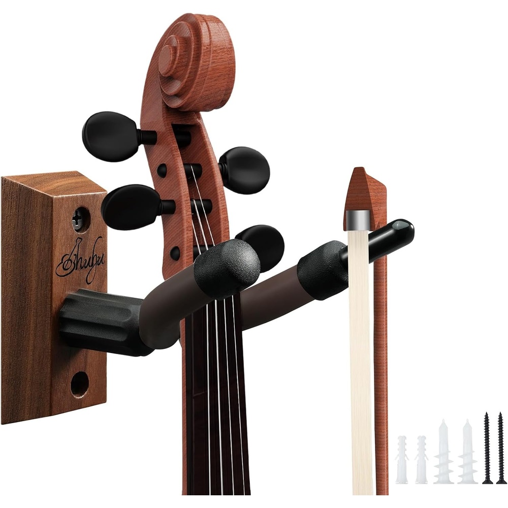 image:imageOhuhu Violin Wall Mount Hanger Hardwood Violin Viola Hanger with Bow Holder and Soft Padding for Home Studio Decor1