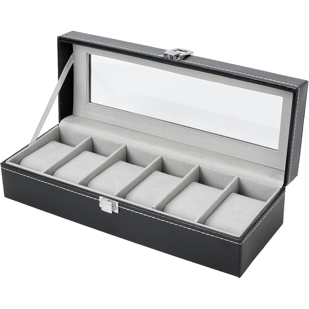image:imageOhuhu Watch Box Watch Case 6Slot PU Leather Real Glass Lid Watch Holder Jewelry Organizer Storage box Soft velvet Watch Display Case for Men and Women Birthday Fathers Day