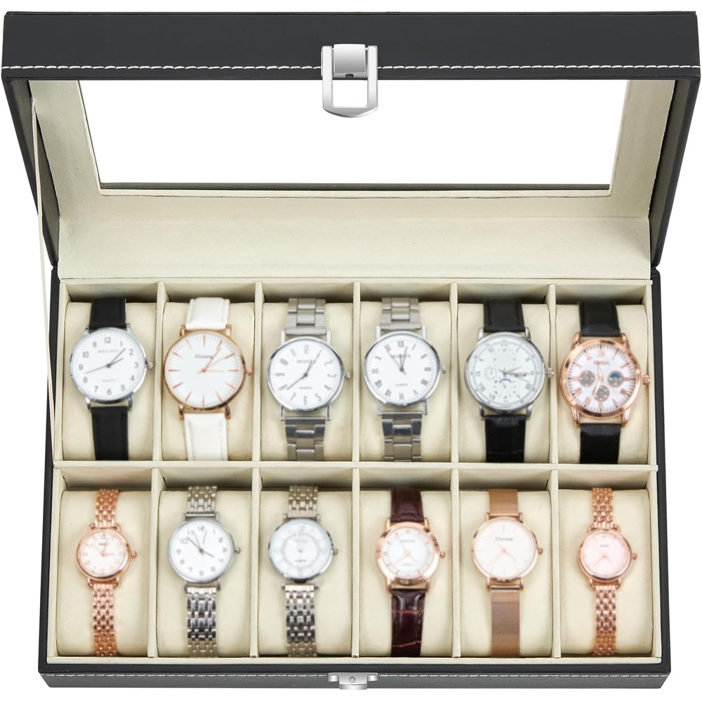 image:imageOhuhu Watch Case 12 Slot PU Leather Real Glass Lid Watch Box Watch Holder Organizer Display Storage Box Soft Velvet Jewelry Box for Men and Women Birthday Fathers Day Valentines Day Gifts