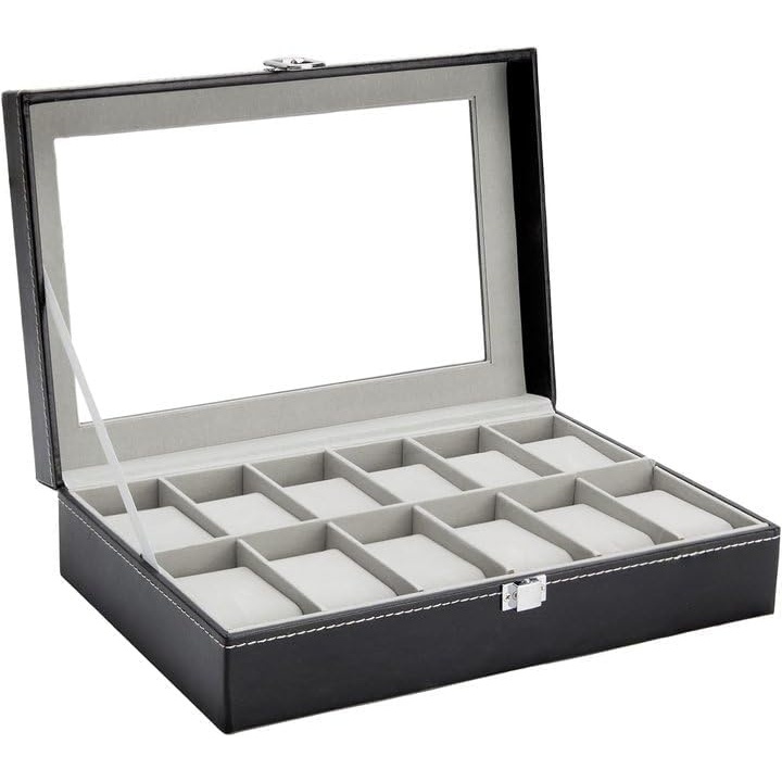 image:imageOhuhu Watch Case Watch Box Watch Holder for Men 12 Slot PU Leather Watch Holder Real Glass Lid Jewelry Organizer Storage Soft Velvet Watch Display Case for Men Women Fathers Day Valentines Day Gifts