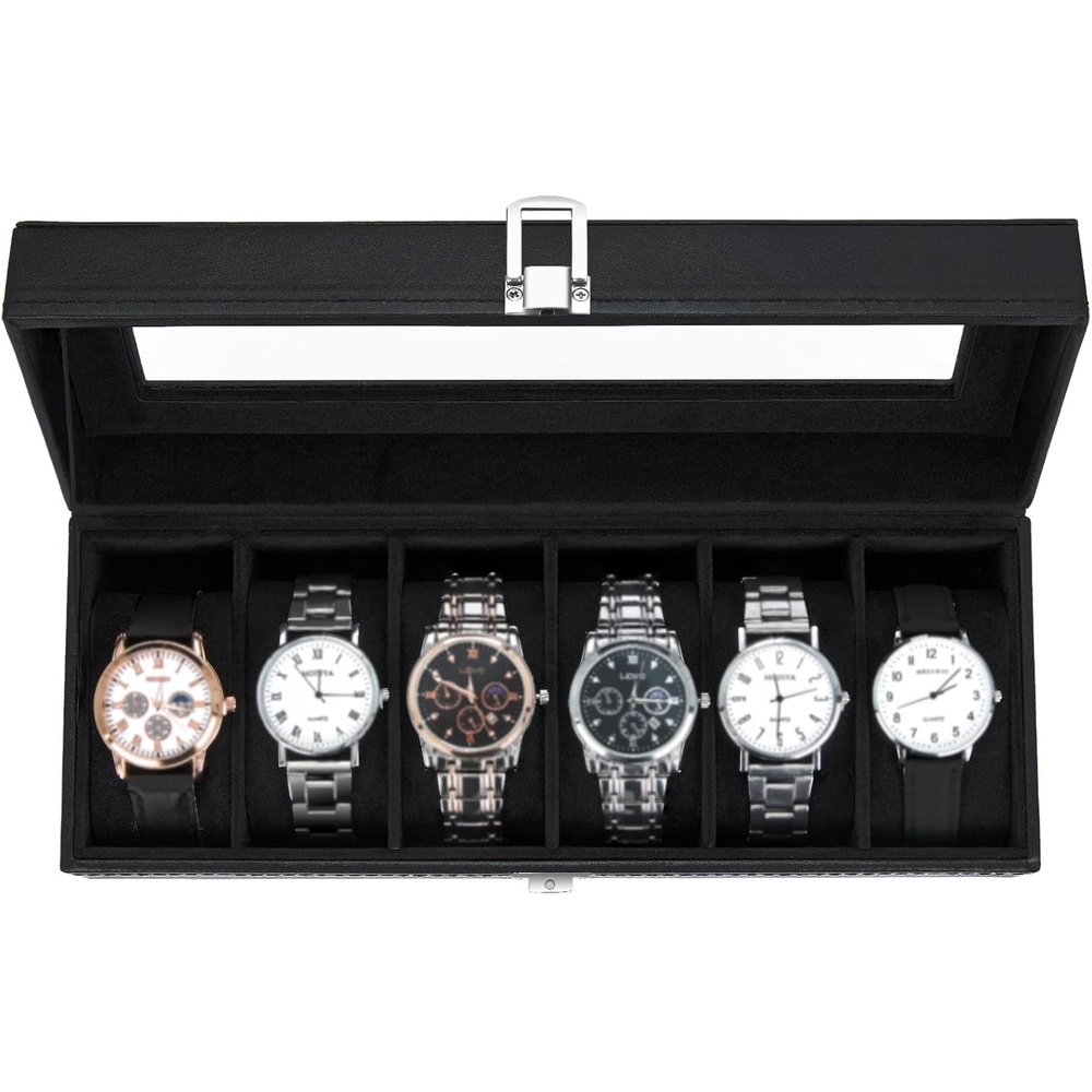 image:imageOhuhu Watch Cases for Men Watch Box 6Slot PU Leather Real Glass Lid Jewelry Organizer Storage Soft Velvet Watch Holder Display Case for Women Birthday Fathers Day Valentines Day Gifts