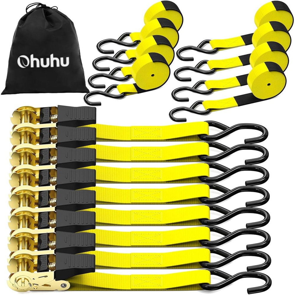 image:imageRatchet Tie Down Strap 8Pack 15 Ft  500 lbs Load Cap with 1500 lbs Breaking Limit Ohuhu Ratchet Tie Downs Logistic Cargo Straps for Moving Appliances Motorcycle BlueYellow