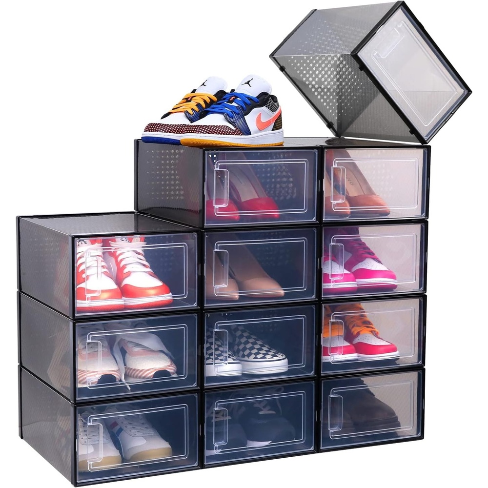 image:imageShoe Box Ohuhu 12 Pack Shoe Organizer High Quanlity Stackable Foldable Shoe Storage Clear Plastic Shoe Containers Drawer Type Front Opening for Underbed Closets and Entryway Fit up to US Size 95