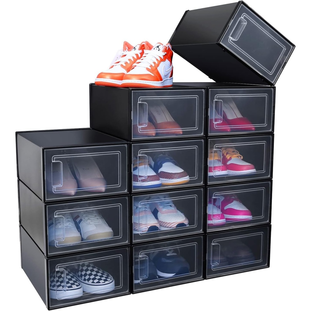 image:imageShoe Storage Organizer Ohuhu 12 Pack Shoe Box Stackable Foldable Sneaker Case Container Display Bins Boot Holder Drawer Type Front Opening Black Plastic for Closets and Entryway Fit up to US Size 95