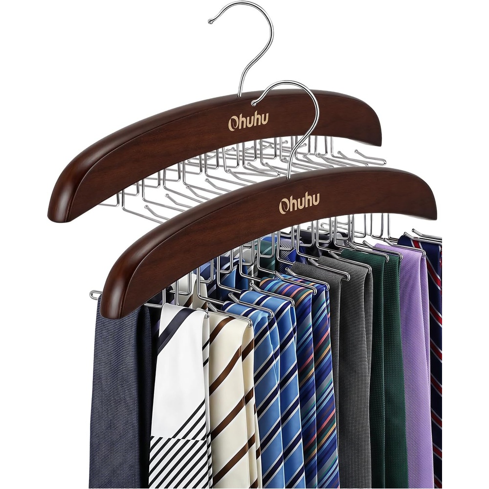 image:imageTie Rack Hanger for Closet Ohuhu 2 Packs 24 Folding Hooks Tie Hangers for Men Wooden Tie Holder Organizer Space Saving Necktie Storage 360 Degree Rotating Ties Belts Scarves Tank TopsWalnutWalnut2 Pack