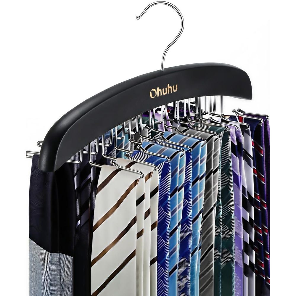image:imageTie Rack Hanger for Closet Ohuhu 2 Packs 24 Folding Hooks Tie Hangers for Men Wooden Tie Holder Organizer Space Saving Necktie Storage 360 Degree Rotating Ties Belts Scarves Tank TopsWalnutBlack