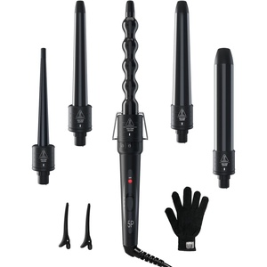 5 in 1 Curling Wand Set: Ohuhu Curling Iron Wand 5Pcs 0.35 to 1.25 Inch Interchangeable Ceramic Barrel Heat Protective Glove 2 Clips Dual Voltage Hair Curler for Women Pink(Black)