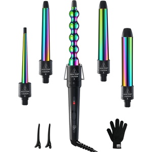 5 in 1 Curling Wand Set: Ohuhu Curling Iron Wand 5Pcs 0.35 to 1.25 Inch Interchangeable Ceramic Barrel Heat Protective Glove 2 Clips Dual Voltage Hair Curler for Women Pink(Rainbow)