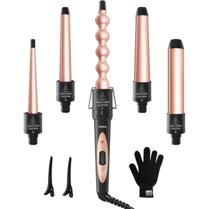 5 in 1 Curling Wand Set: Ohuhu Curling Iron Wand 5Pcs 0.35 to 1.25 Inch Interchangeable Ceramic Barrel Heat Protective Glove 2 Clips Dual Voltage Hair Curler for Women Pink(Gold)
