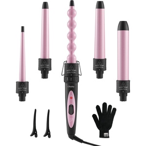 5 in 1 Curling Wand Set: Ohuhu Curling Iron Wand 5Pcs 0.35 to 1.25 Inch Interchangeable Ceramic Barrel Heat Protective Glove 2 Clips Dual Voltage Hair Curler for Women Pink(Pink)