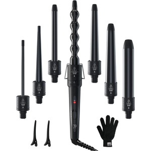 7 in 1 Curling Wand Set: Ohuhu Curling Iron Wand 7Pcs 0.35 to 1.25 Inch Interchangeable Ceramic Barrel Heat Protective Glove 2 Clips Dual Voltage Hair Curler Women Black(Black)