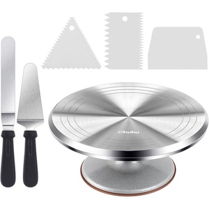 Cake Turntable, Ohuhu Aluminium 12” Cake Decorating Kit Supplies Rotating Stand Revolving Spinner with 2 Icing Spatula 3 Comb Smoother(Silver)